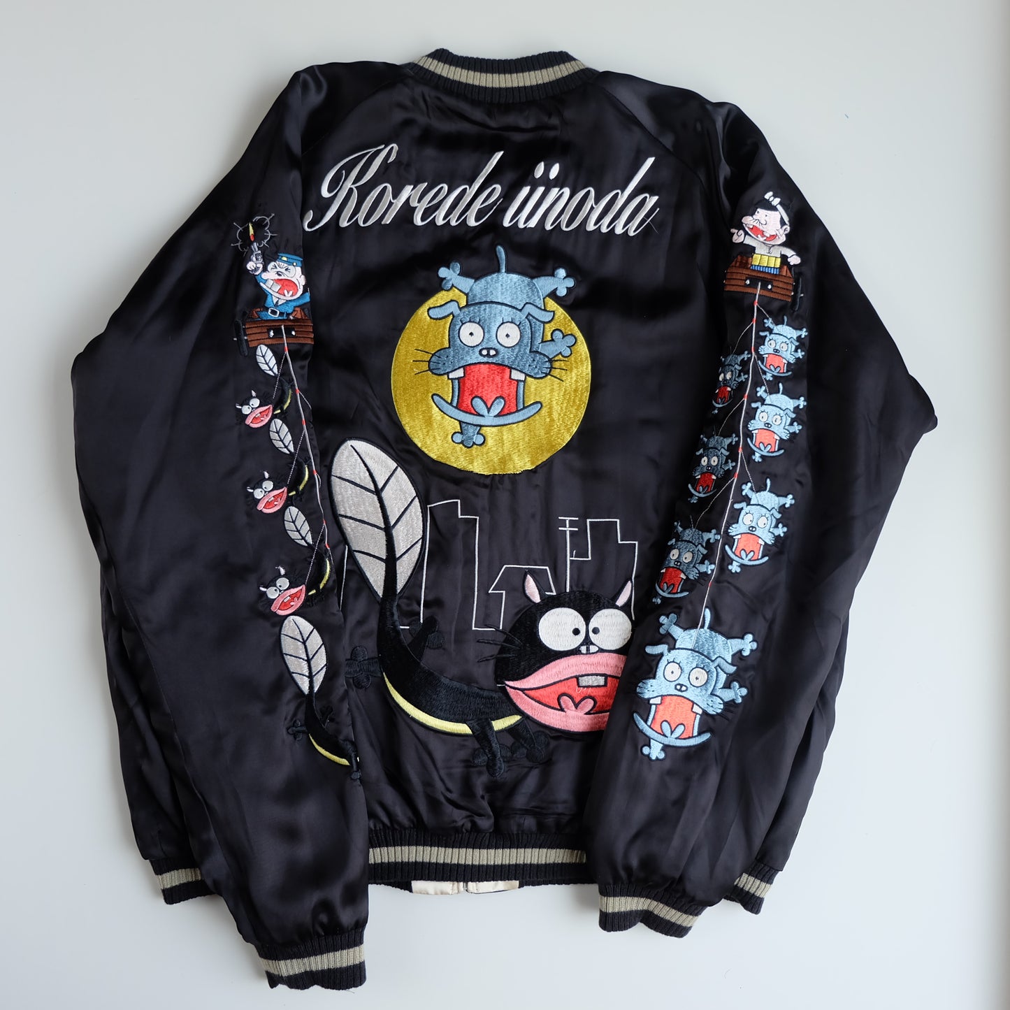 The Iconic Juvenile Delinquent x Tensai Bakabon Sukajan Jacket Reversible Korede Iinoda Embroidered Anime Souvenir Bomber Black Ivory