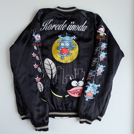The Iconic Juvenile Delinquent x Tensai Bakabon Sukajan Jacket Reversible Korede Iinoda Embroidered Anime Souvenir Bomber Black Ivory
