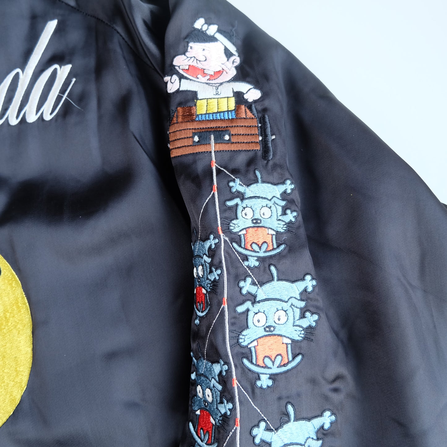 The Iconic Juvenile Delinquent x Tensai Bakabon Sukajan Jacket Reversible Korede Iinoda Embroidered Anime Souvenir Bomber Black Ivory