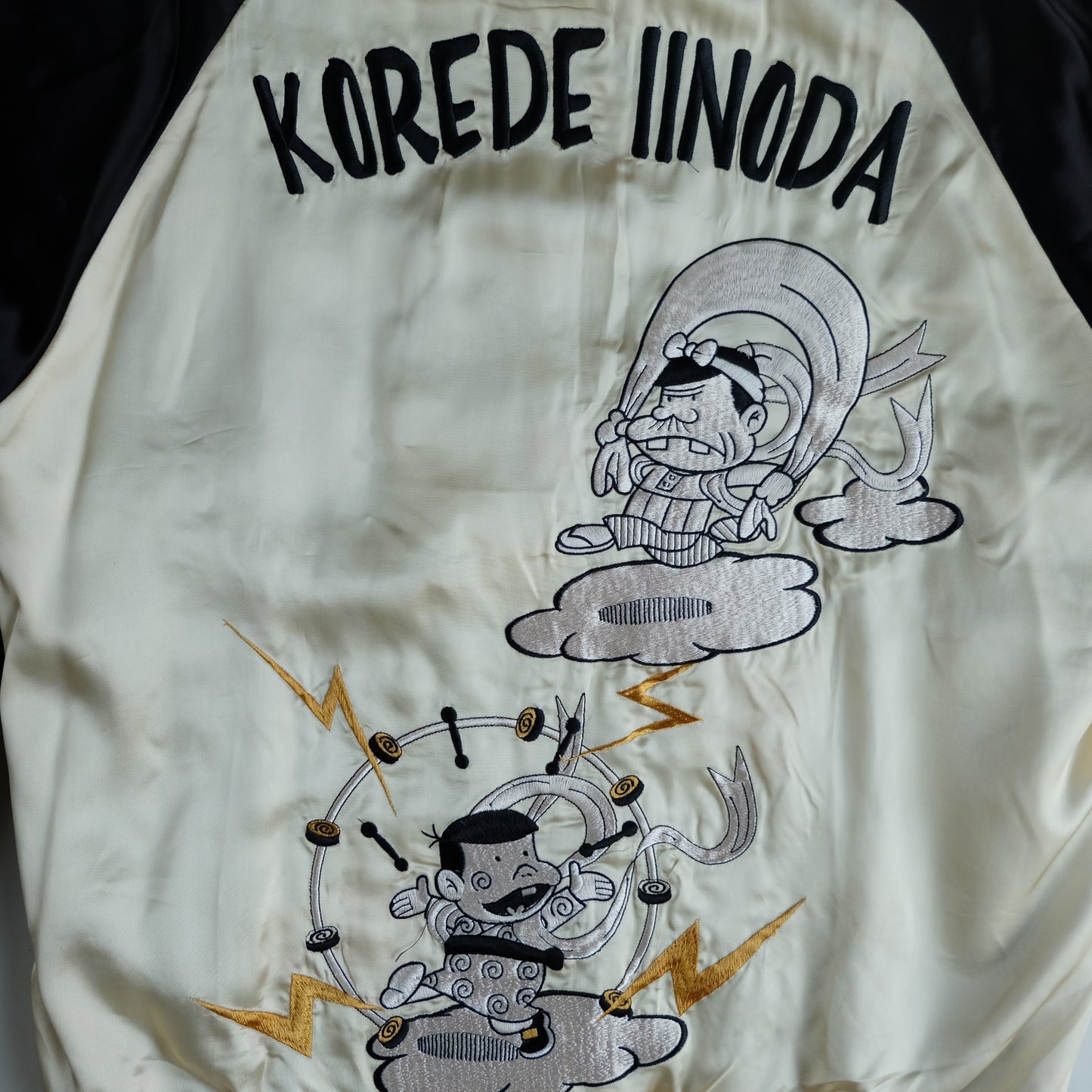The Iconic Juvenile Delinquent x Tensai Bakabon Sukajan Jacket Reversible Korede Iinoda Embroidered Anime Souvenir Bomber Black Ivory