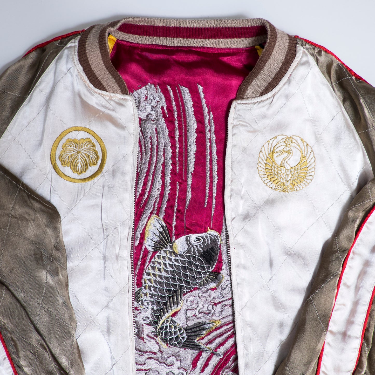 Red Yellow Vintage Japanese Japan Rising Koi Carp Fish Turtle Tattoo Art Design Embroidered Yokosuka Jumper Bomber Sukajan Souvenir Jacket
