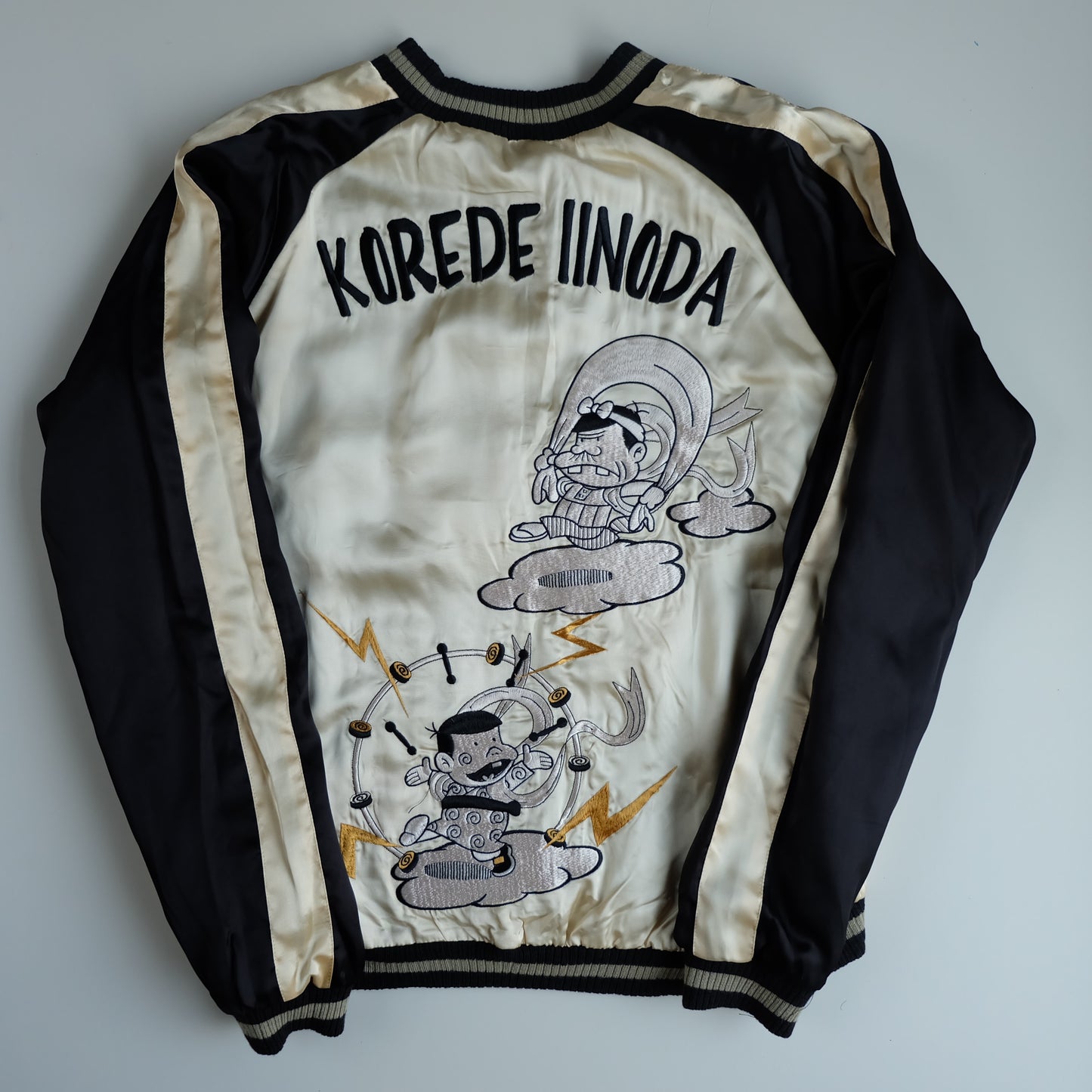 The Iconic Juvenile Delinquent x Tensai Bakabon Sukajan Jacket Reversible Korede Iinoda Embroidered Anime Souvenir Bomber Black Ivory