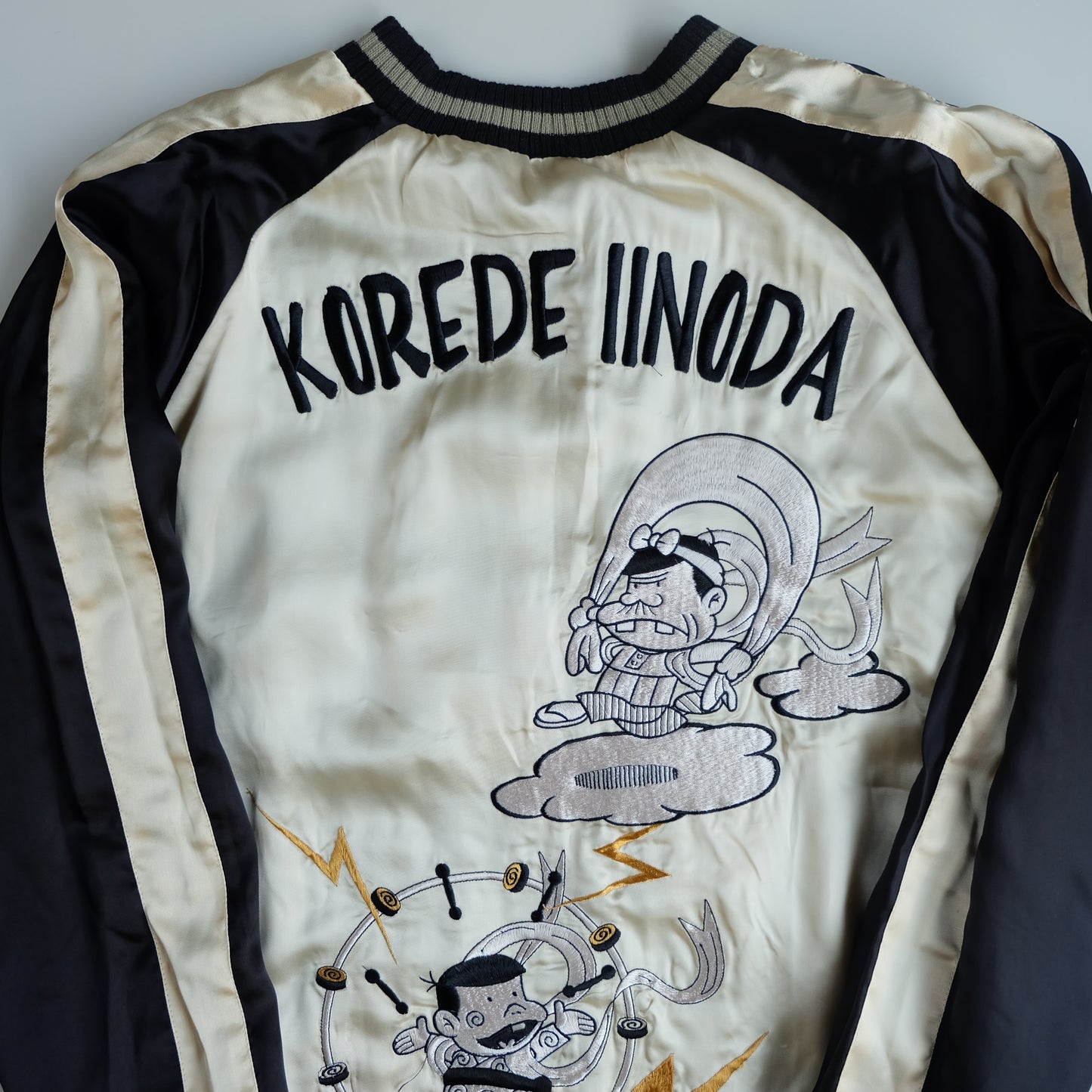 The Iconic Juvenile Delinquent x Tensai Bakabon Sukajan Jacket Reversible Korede Iinoda Embroidered Anime Souvenir Bomber Black Ivory