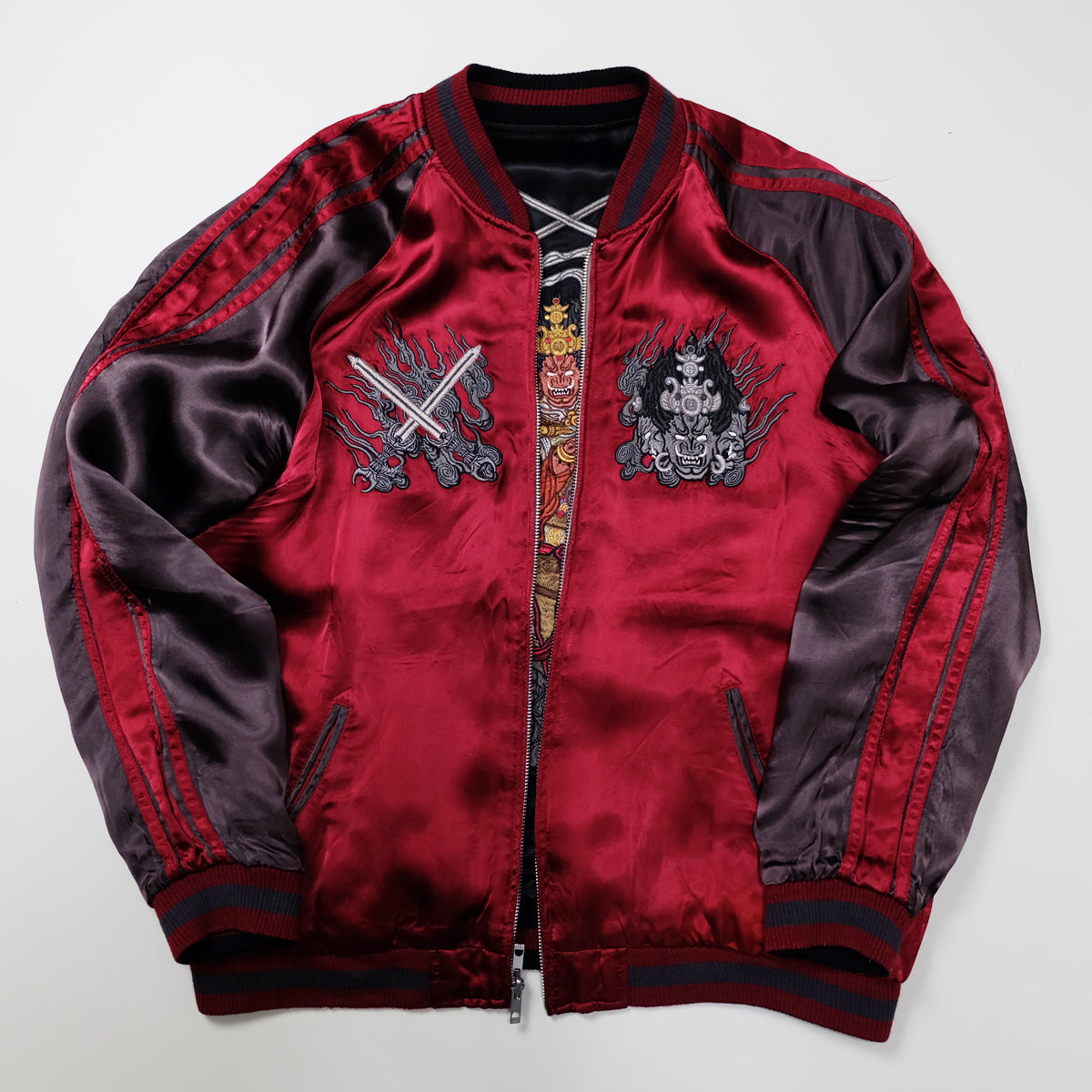 RYUOH Vintage Japanese Japan Fudo Myo Alcala Buddha Sword Katana Warrior Red Embroidered Yokosuka Jumper Bomber Sukajan Souvenir Jacket L