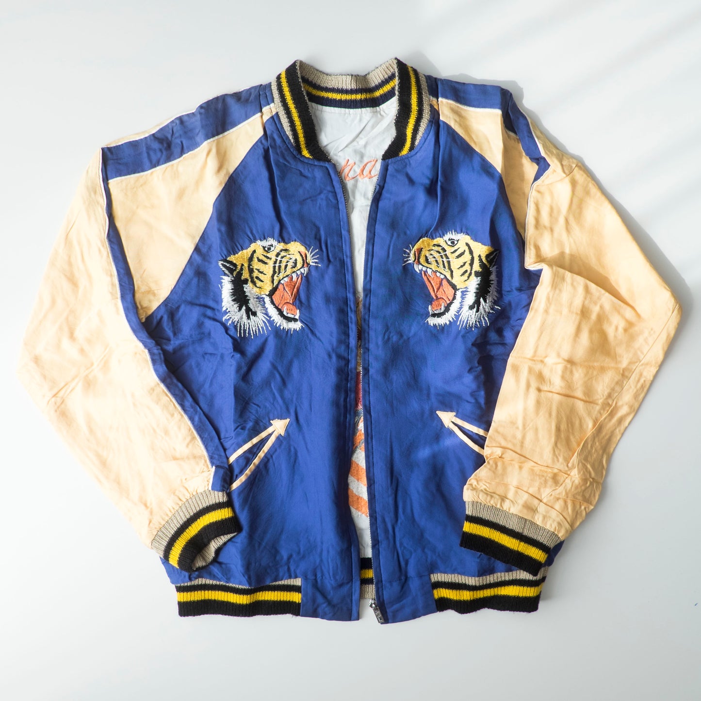 Tailor Toyo 1950s Vintage Reproduction Japan Sukajan Reversible Tiger Eagle Globe Souvenir Jacket Size S Embroidered Satin Bomber