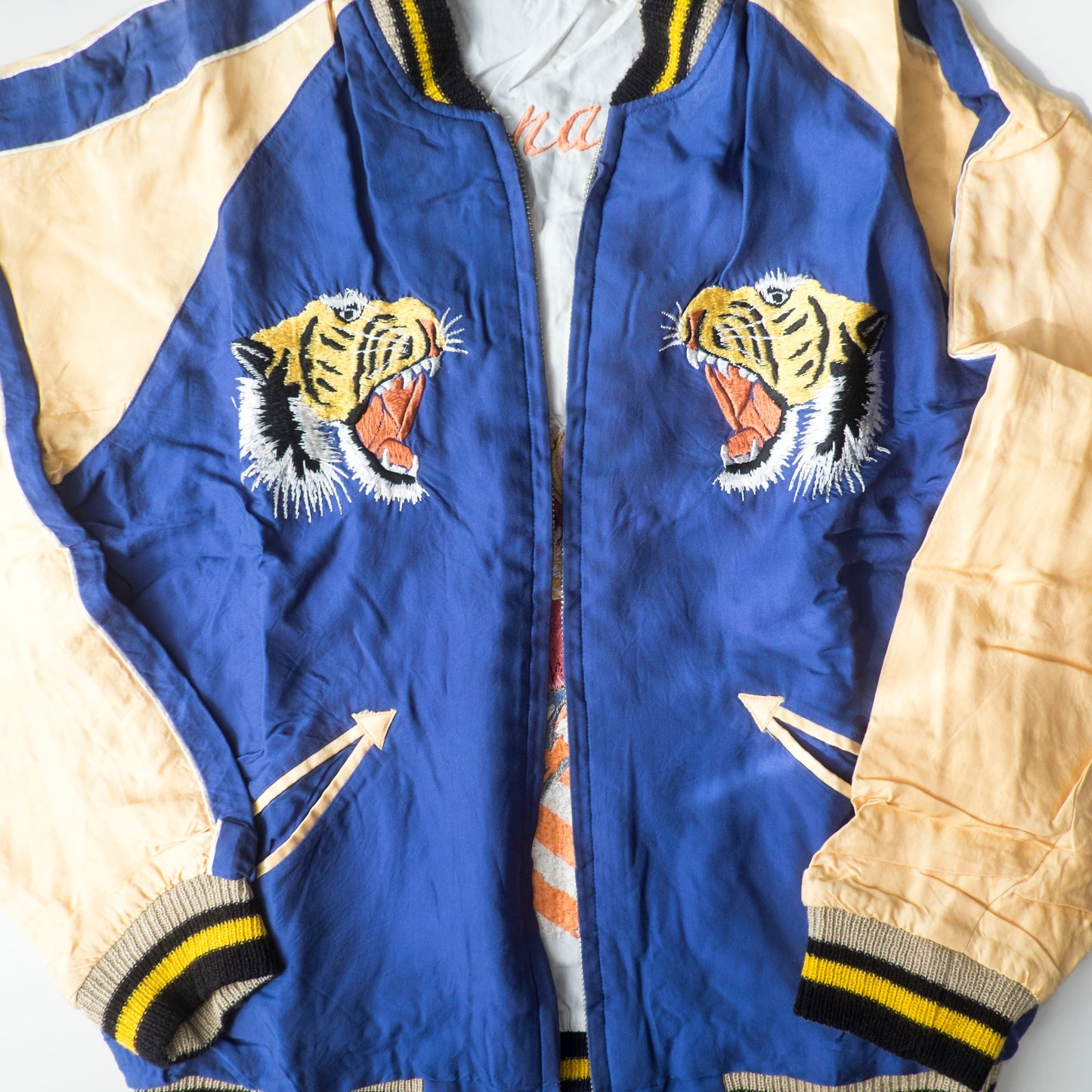 Tailor Toyo 1950s Vintage Reproduction Japan Sukajan Reversible Tiger Eagle Globe Souvenir Jacket Size S Embroidered Satin Bomber