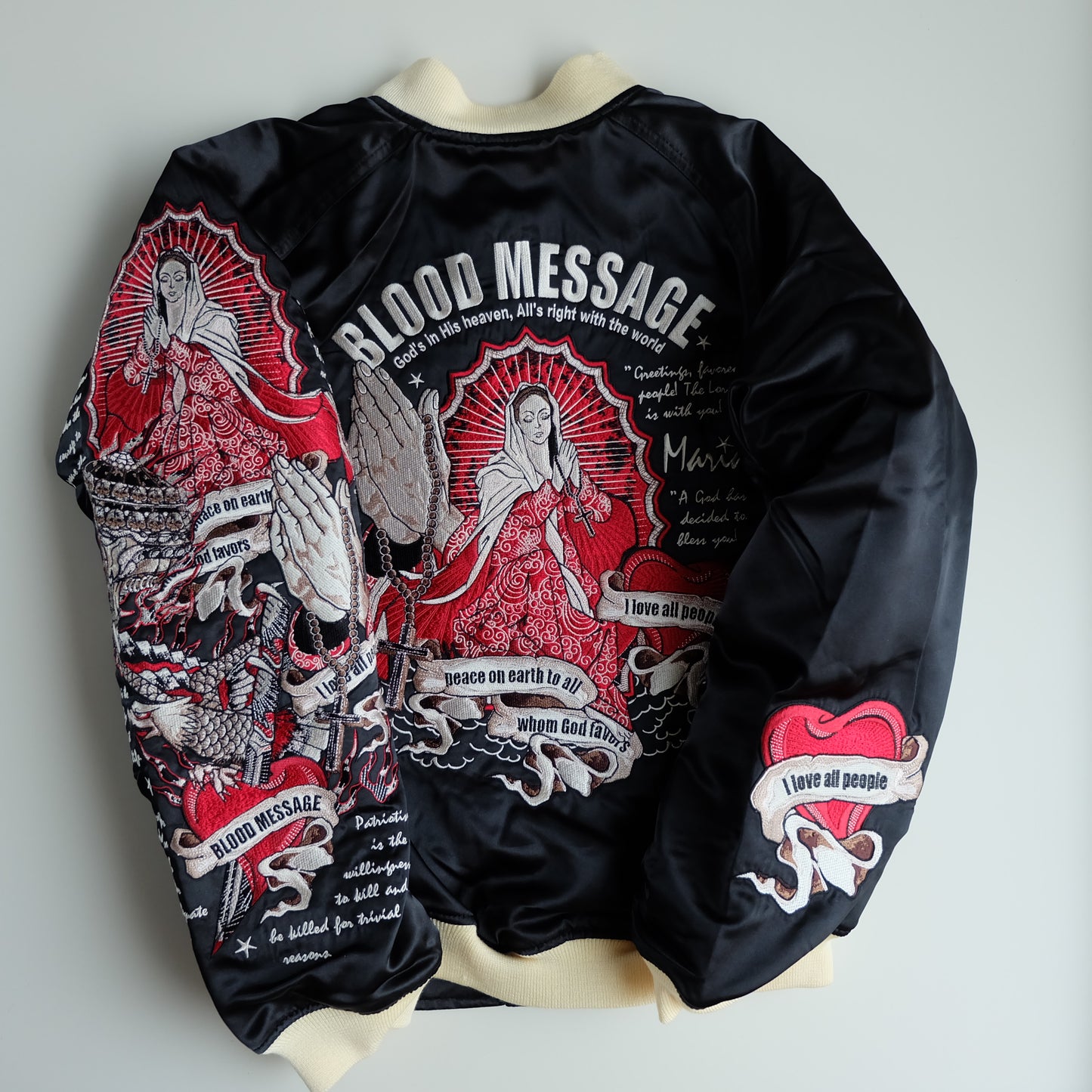 Vintage Tedman Ted Company Blood Message BLJK-020 Reversible Sukajan Virgin Mary Skull Tattoo Embroidered Japanese Amekaji Bomber Jacket
