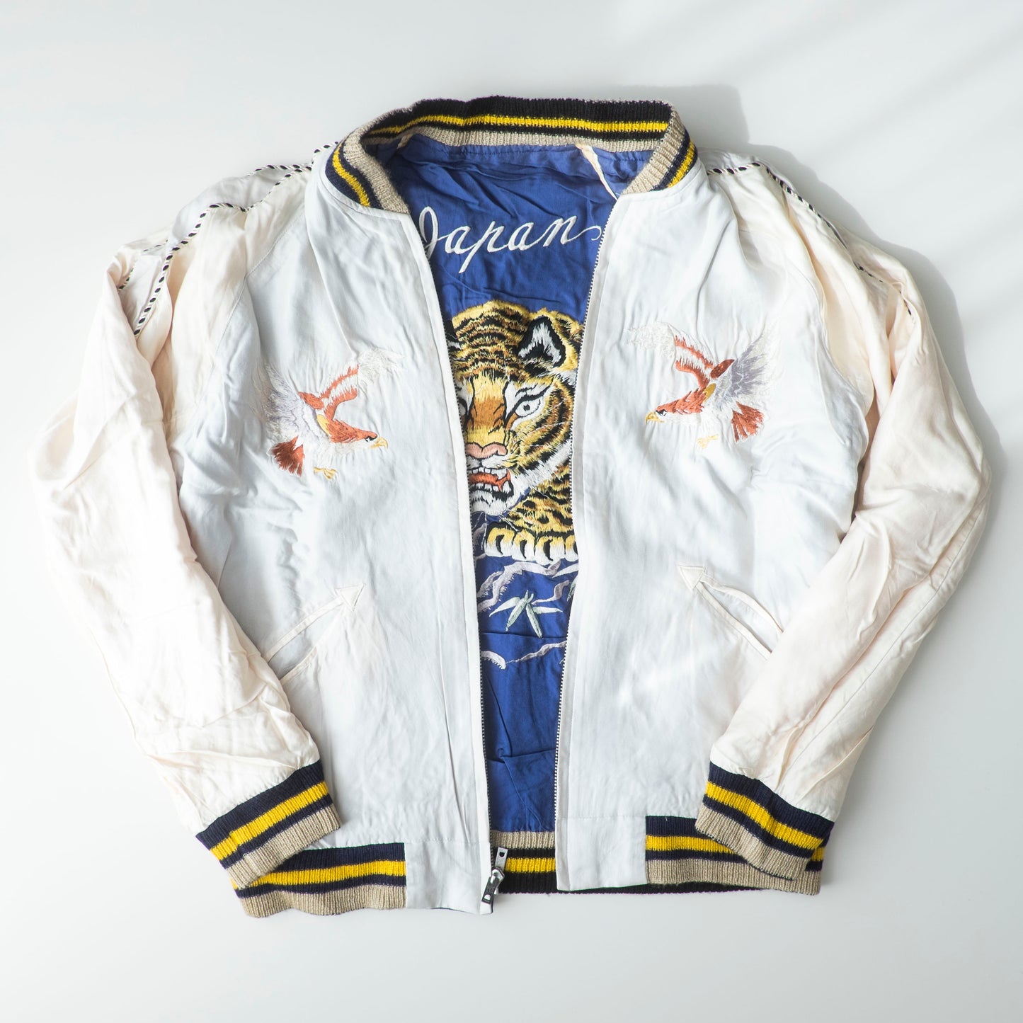 Tailor Toyo 1950s Vintage Reproduction Japan Sukajan Reversible Tiger Eagle Globe Souvenir Jacket Size S Embroidered Satin Bomber