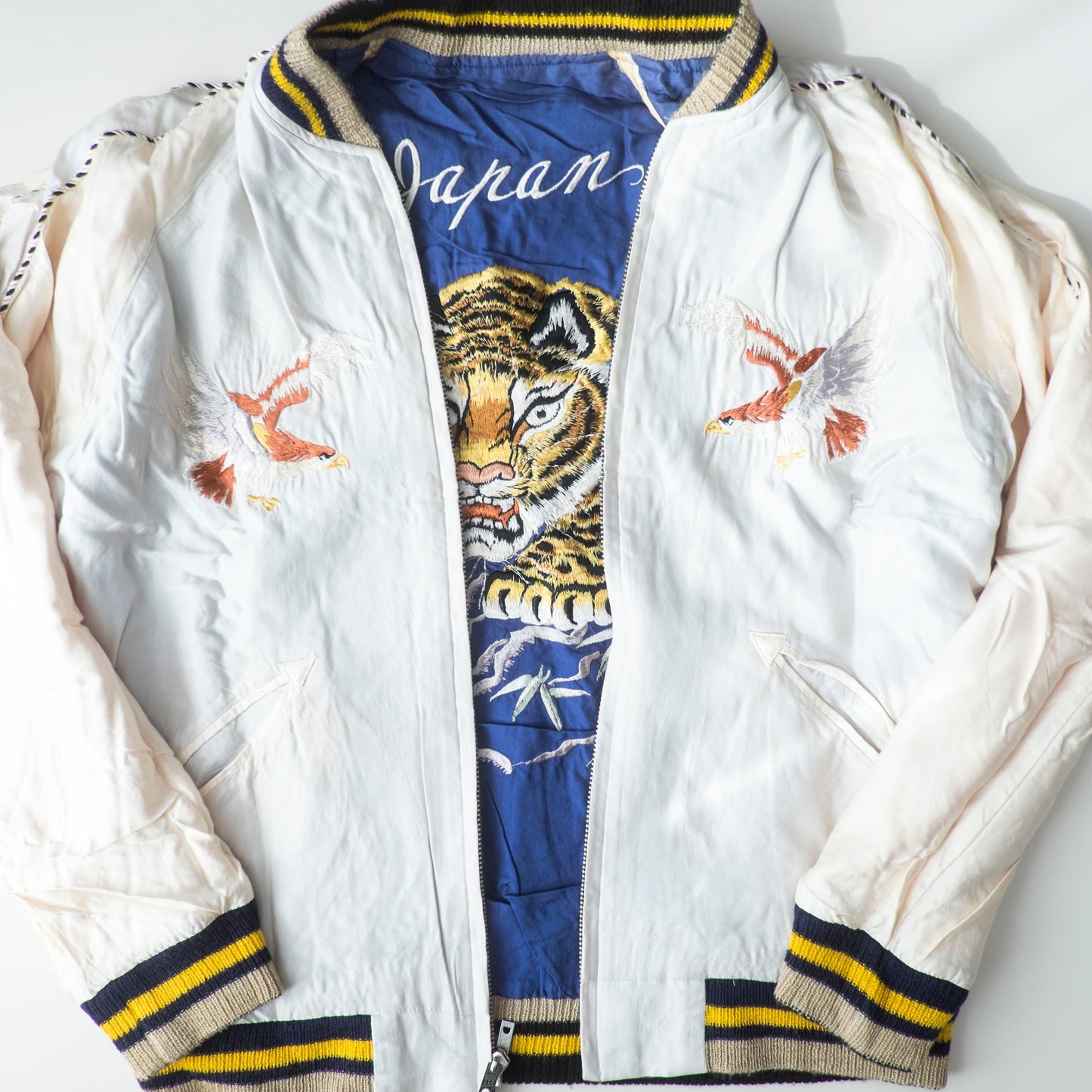 Tailor Toyo 1950s Vintage Reproduction Japan Sukajan Reversible Tiger Eagle Globe Souvenir Jacket Size S Embroidered Satin Bomber