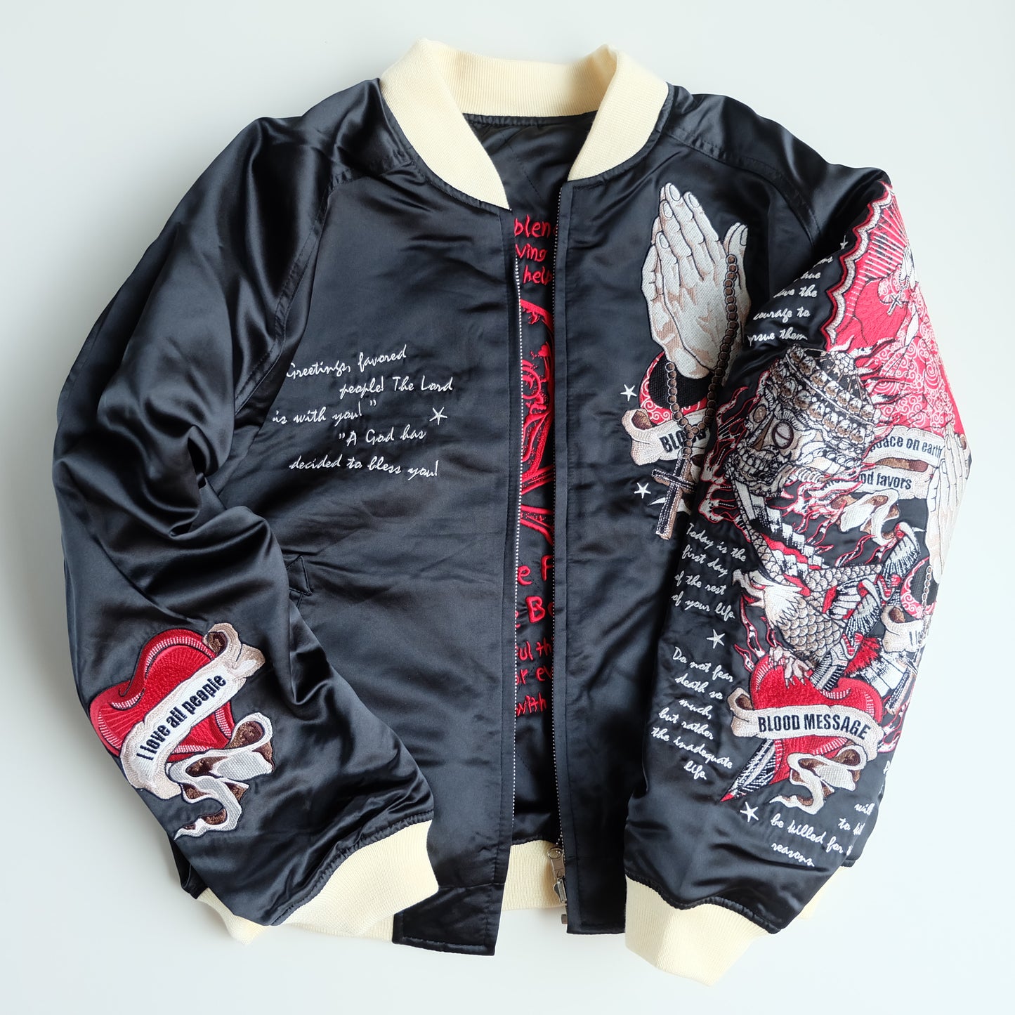 Vintage Tedman Ted Company Blood Message BLJK-020 Reversible Sukajan Virgin Mary Skull Tattoo Embroidered Japanese Amekaji Bomber Jacket