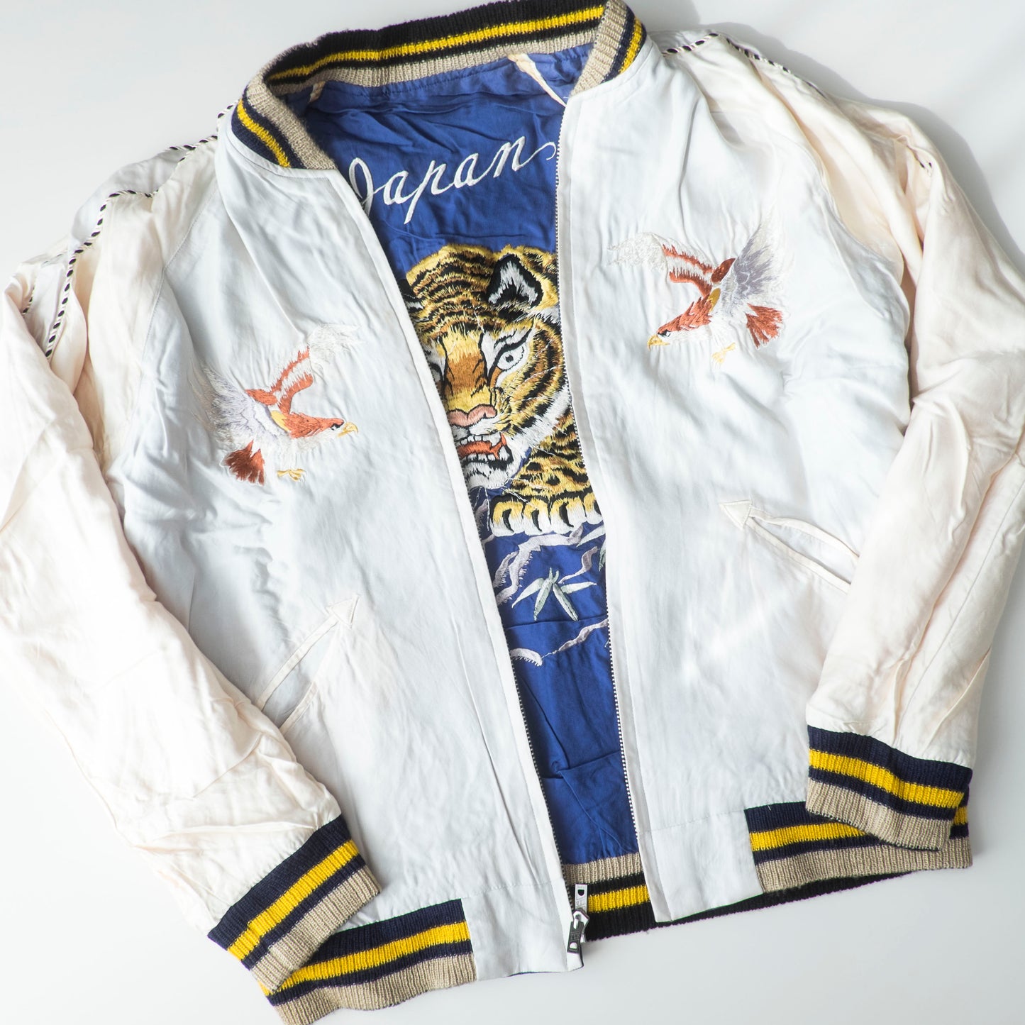 Tailor Toyo 1950s Vintage Reproduction Japan Sukajan Reversible Tiger Eagle Globe Souvenir Jacket Size S Embroidered Satin Bomber