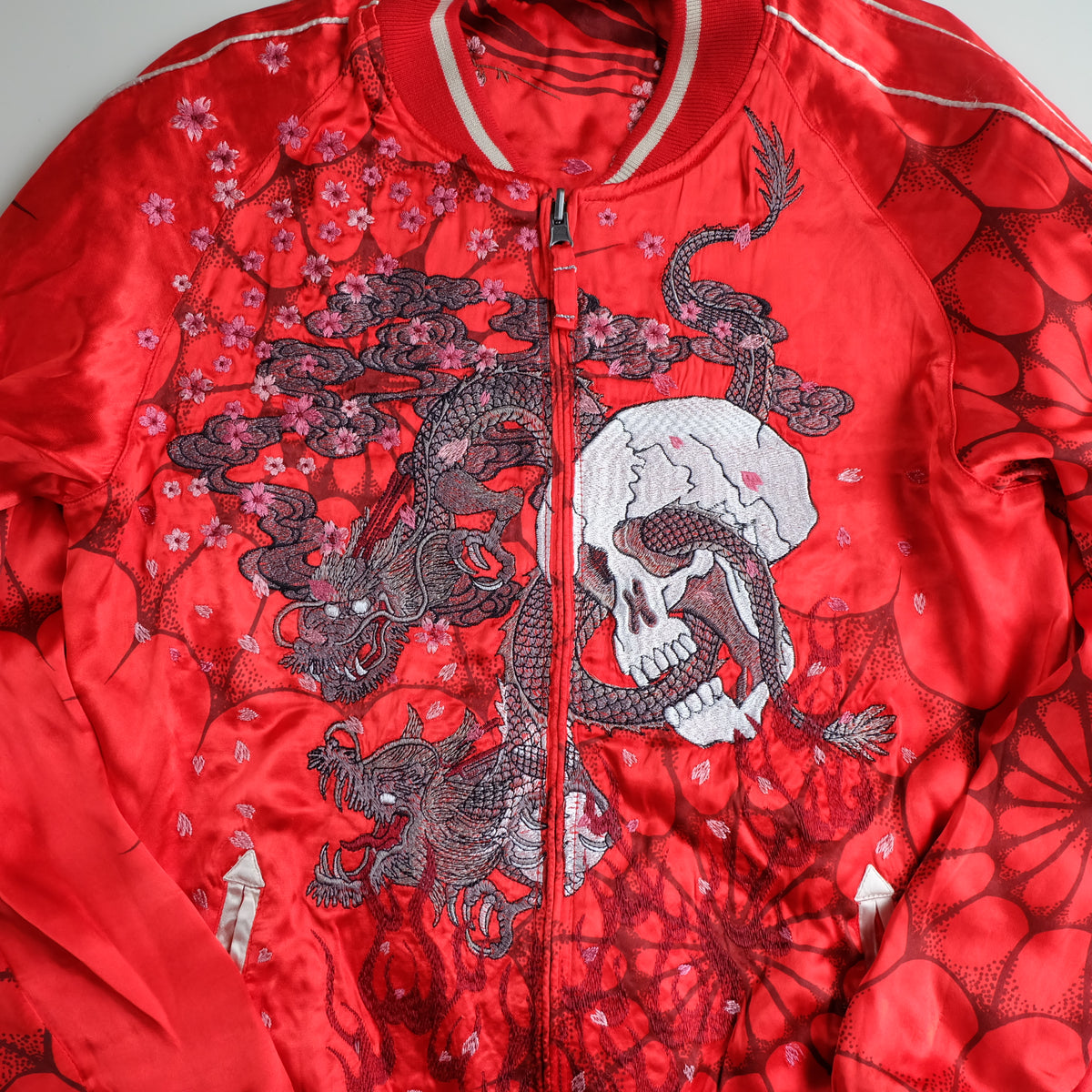Miyabi Musubi Vintage Japanese Reversible Sukajan Jacket | Red Satin Dragon, Koi & Skull Embroidery | Punk Rock n Roll Souvenir Bomber Collectible L