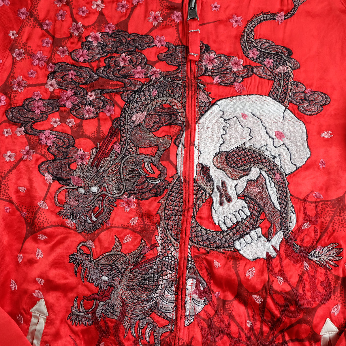 Miyabi Musubi Vintage Japanese Reversible Sukajan Jacket | Red Satin Dragon, Koi & Skull Embroidery | Punk Rock n Roll Souvenir Bomber Collectible L