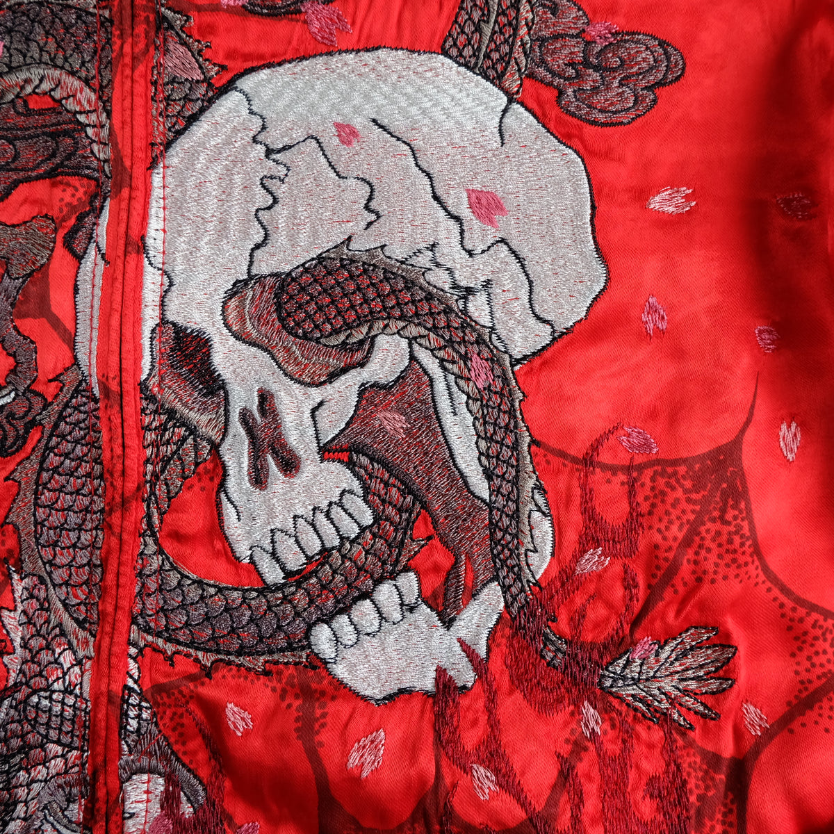 Miyabi Musubi Vintage Japanese Reversible Sukajan Jacket | Red Satin Dragon, Koi & Skull Embroidery | Punk Rock n Roll Souvenir Bomber Collectible L