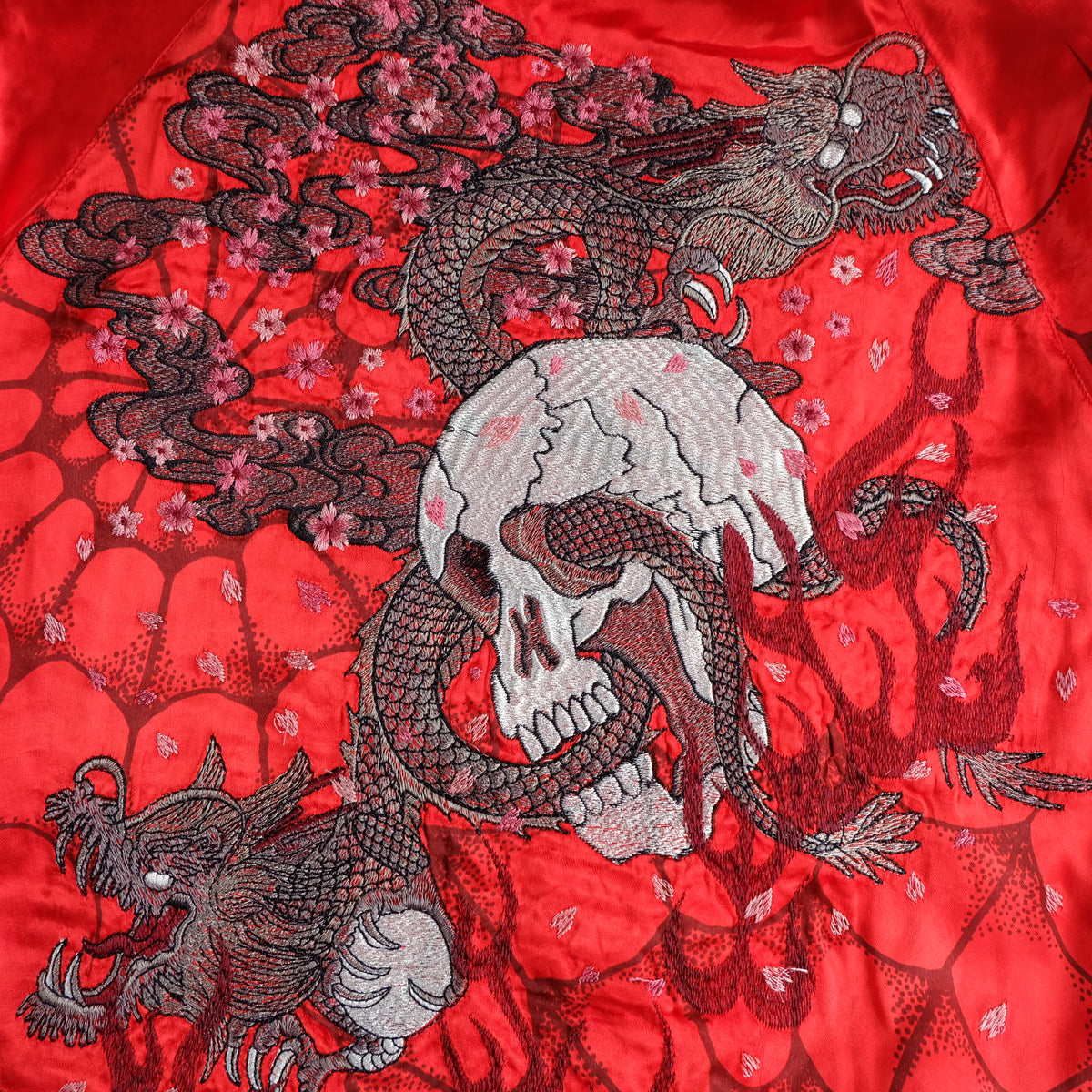 Miyabi Musubi Vintage Japanese Reversible Sukajan Jacket | Red Satin Dragon, Koi & Skull Embroidery | Punk Rock n Roll Souvenir Bomber Collectible L