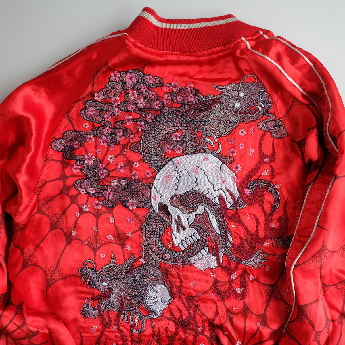 Miyabi Musubi Vintage Japanese Reversible Sukajan Jacket | Red Satin Dragon, Koi & Skull Embroidery | Punk Rock n Roll Souvenir Bomber Collectible L