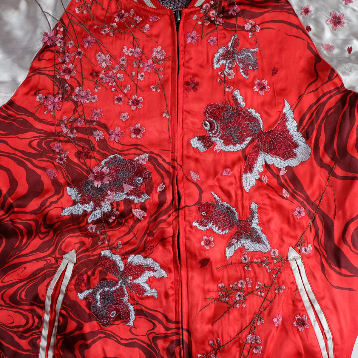 Miyabi Musubi Vintage Japanese Reversible Sukajan Jacket | Red Satin Dragon, Koi & Skull Embroidery | Punk Rock n Roll Souvenir Bomber Collectible L