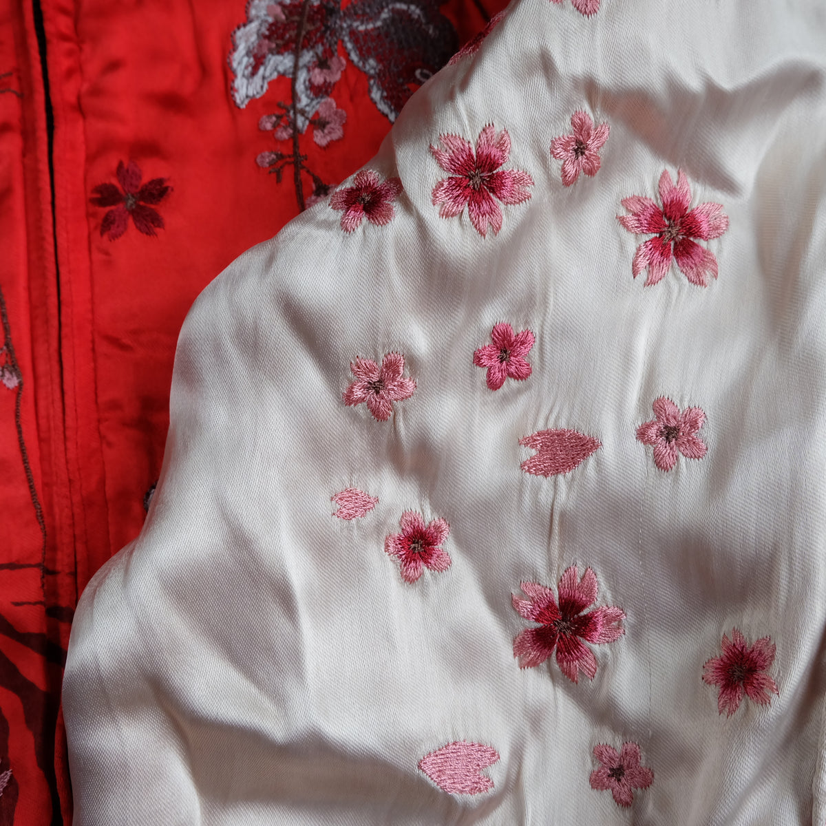 Miyabi Musubi Vintage Japanese Reversible Sukajan Jacket | Red Satin Dragon, Koi & Skull Embroidery | Punk Rock n Roll Souvenir Bomber Collectible L