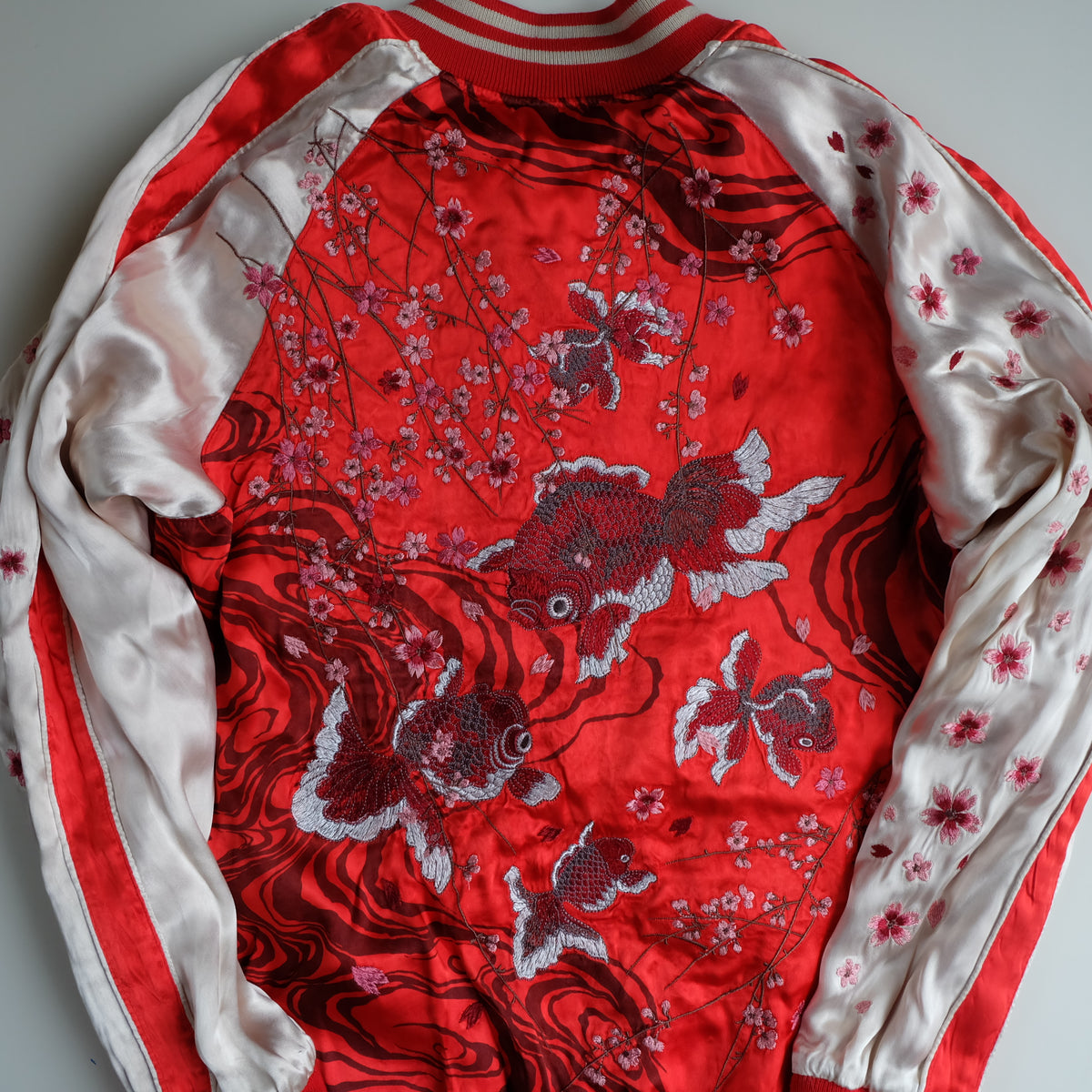 Miyabi Musubi Vintage Japanese Reversible Sukajan Jacket | Red Satin Dragon, Koi & Skull Embroidery | Punk Rock n Roll Souvenir Bomber Collectible L