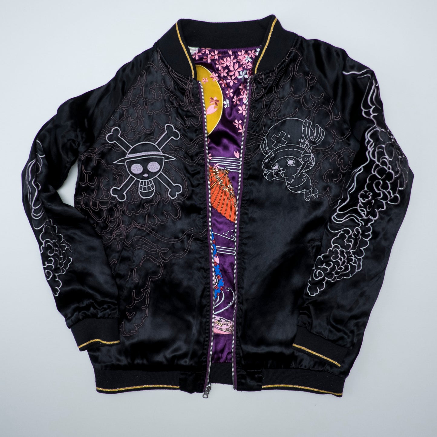 ONE PIECE x Hanatabi Gakudan Nami Reversible Sukajan Jacket L Purple Sakura Moon Embroidered Anime Souvenir Bomber