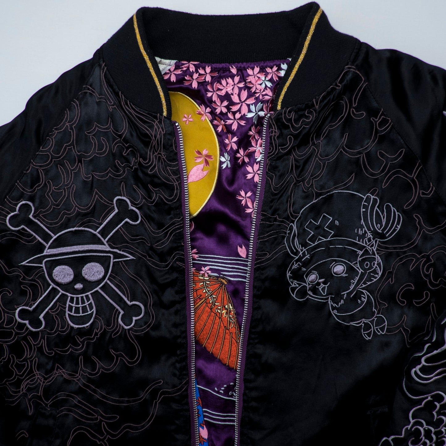ONE PIECE x Hanatabi Gakudan Nami Reversible Sukajan Jacket L Purple Sakura Moon Embroidered Anime Souvenir Bomber