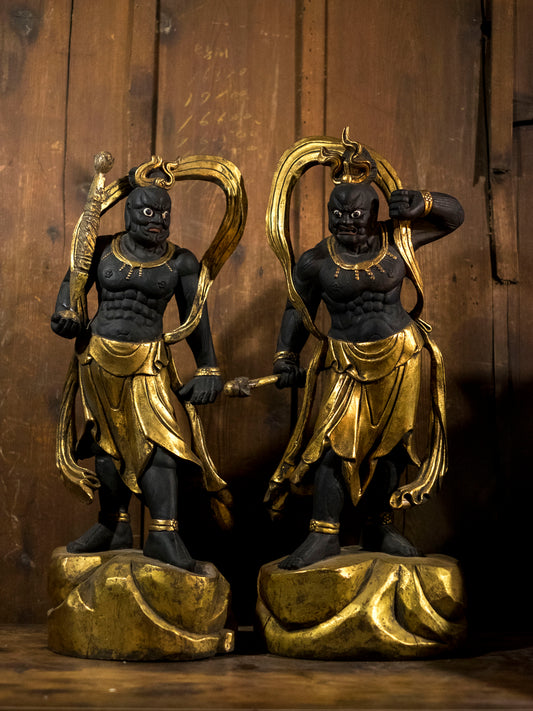 Large Nio Deva Kings (Agyō & Ungyō) — Monumental Wooden Guardian Pair, Gilt & Polychrome, Mid–Late Shōwa Period, 69cm Each