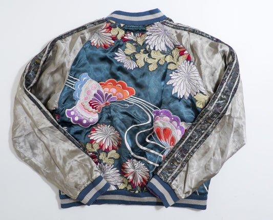 Vintage Japanese Japan Metallic Green Butterfly Chocho Flowers Tattoo Art Design Embroidered Yokosuka Jumper Bomber Sukajan Souvenir Jacket