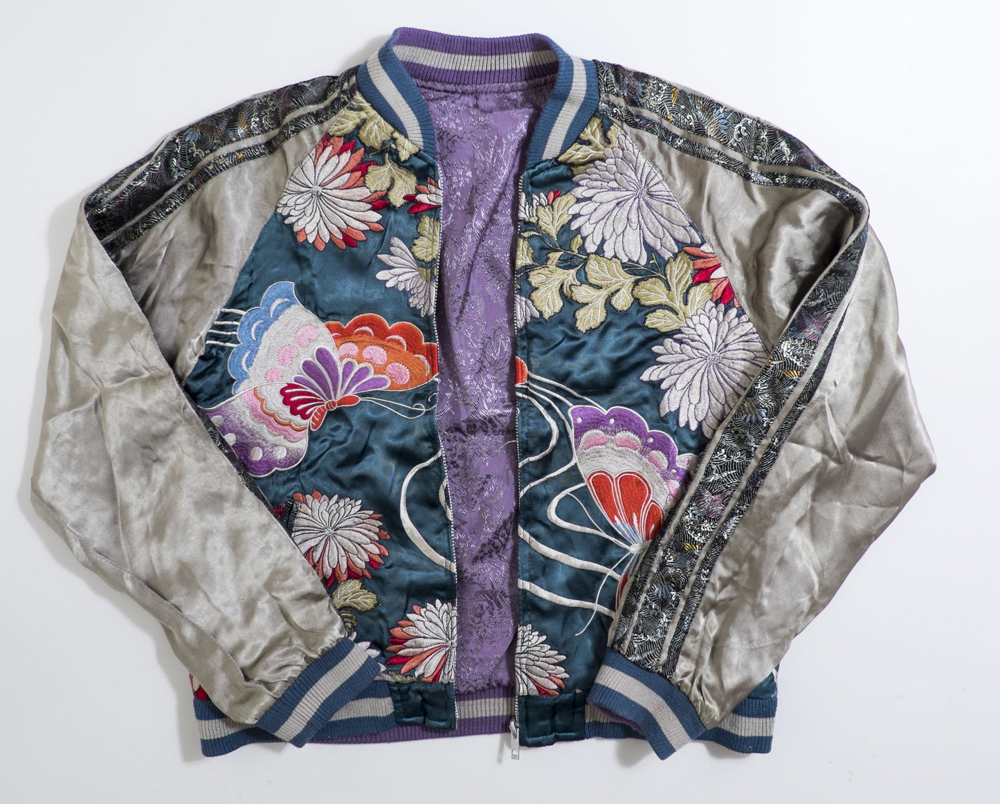 Vintage Japanese Japan Metallic Green Butterfly Chocho Flowers Tattoo Art Design Embroidered Yokosuka Jumper Bomber Sukajan Souvenir Jacket
