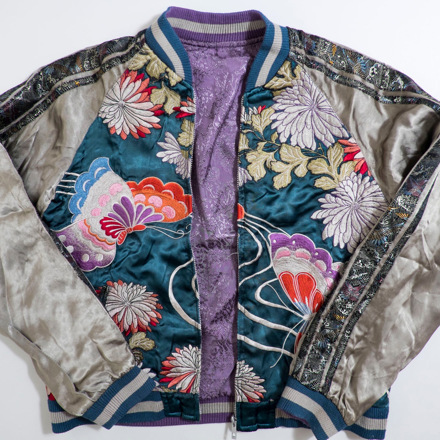 Vintage Japanese Japan Metallic Green Butterfly Chocho Flowers Tattoo Art Design Embroidered Yokosuka Jumper Bomber Sukajan Souvenir Jacket