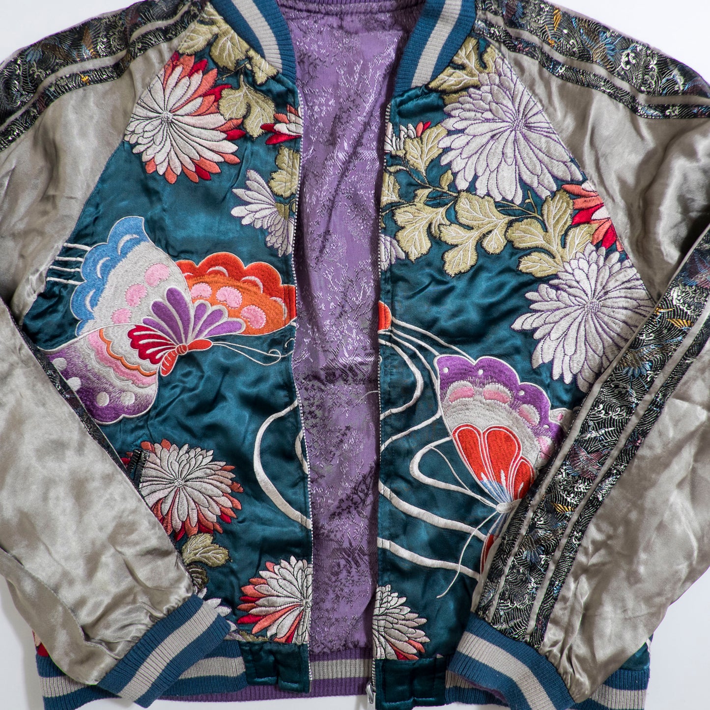 Vintage Japanese Japan Metallic Green Butterfly Chocho Flowers Tattoo Art Design Embroidered Yokosuka Jumper Bomber Sukajan Souvenir Jacket