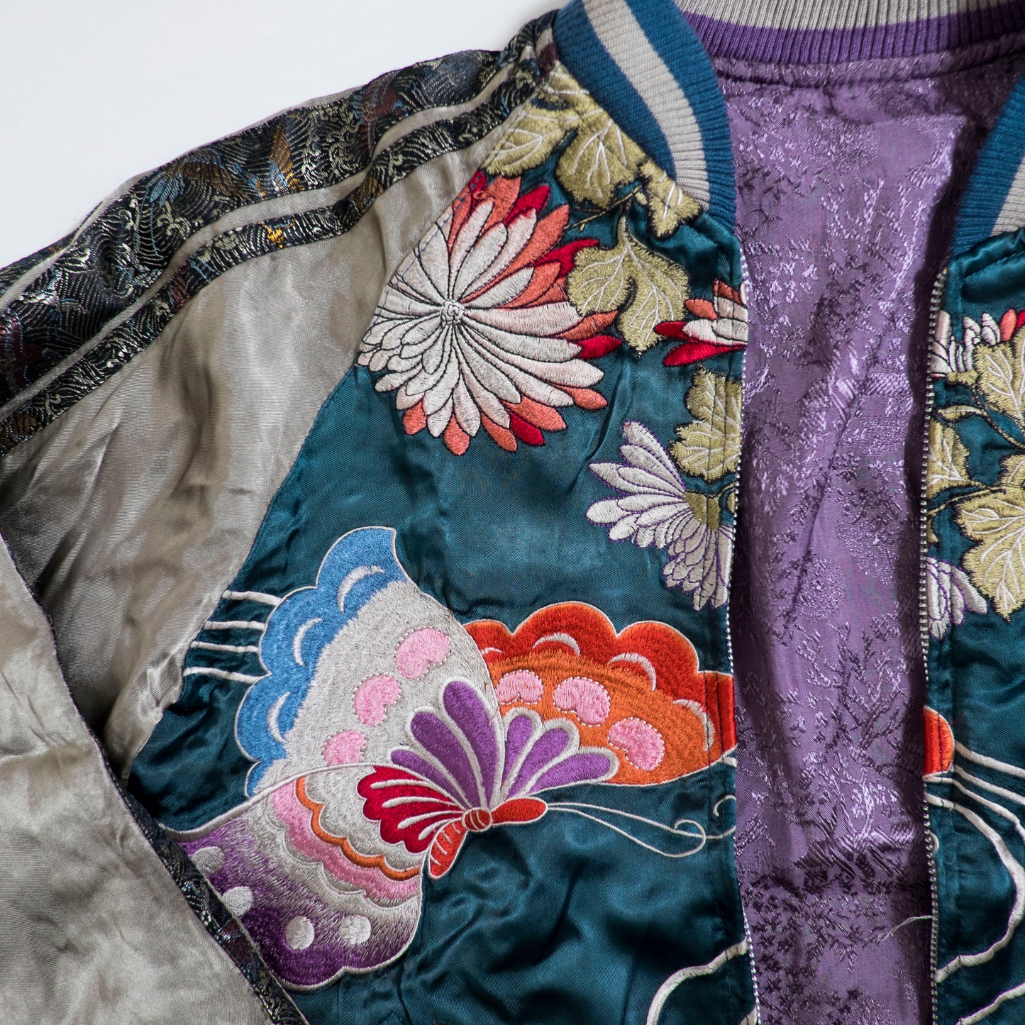 Vintage Japanese Japan Metallic Green Butterfly Chocho Flowers Tattoo Art Design Embroidered Yokosuka Jumper Bomber Sukajan Souvenir Jacket