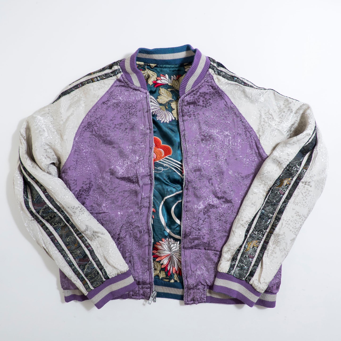 Vintage Japanese Japan Metallic Green Butterfly Chocho Flowers Tattoo Art Design Embroidered Yokosuka Jumper Bomber Sukajan Souvenir Jacket
