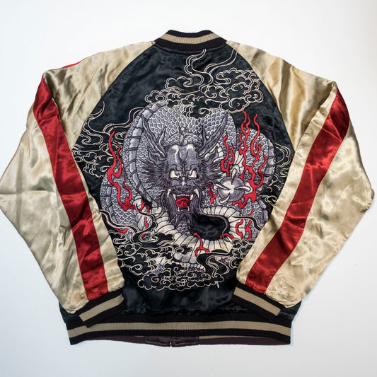 SATORI Badass Sexy Black Red Japanese Japan Yakuza Yanki Dragon Ryu Soga Shohaku Tattoo Art Design Embroidered Embroidery Sukajan Souvenir Sukajum Skajum Tattoo Art Design Yokosuka Jumper Bomber Jacket ( Size : M )