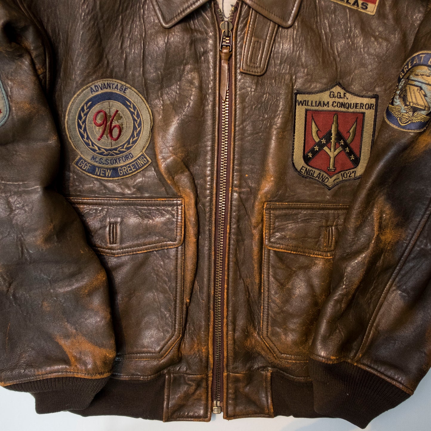 Vintage A-2 Military Flight Bomber Patches Leather Jacket ( Size : L  )