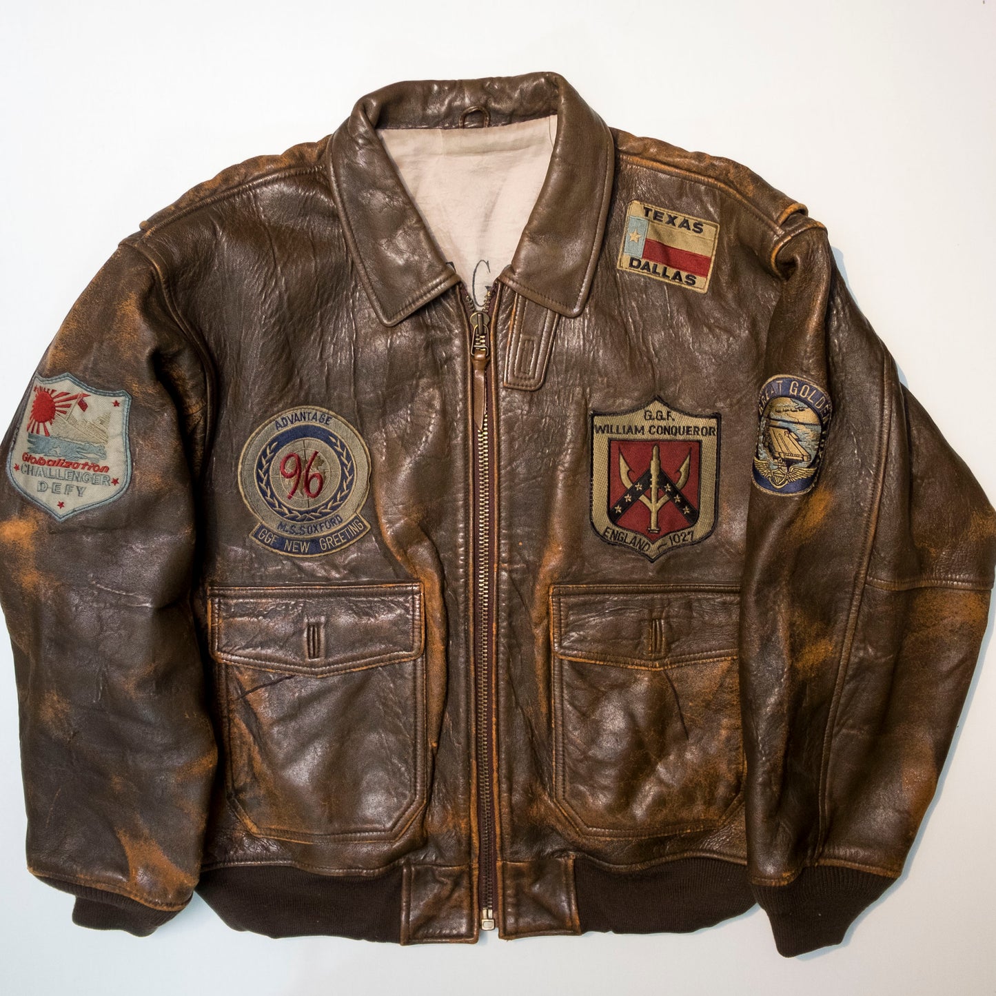Vintage A-2 Military Flight Bomber Patches Leather Jacket ( Size : L  )