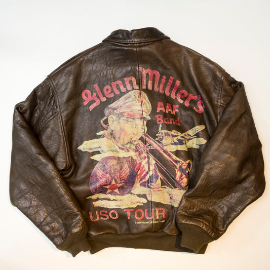 Vintage Type AVIREX A-2 Leather Brown Patch Patches Glenn Millers Band Back Paint Carrier Air Group USO Tour Military Flight Bomber Jacket  ( Size: S )
