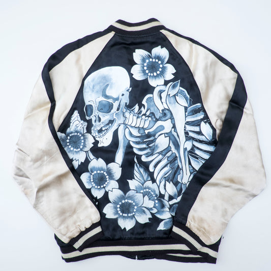 Rare Hand-Painted Skeleton Sukajan Jacket L Japanese Skull Floral Art Vintage Yokosuka Souvenir Bomber