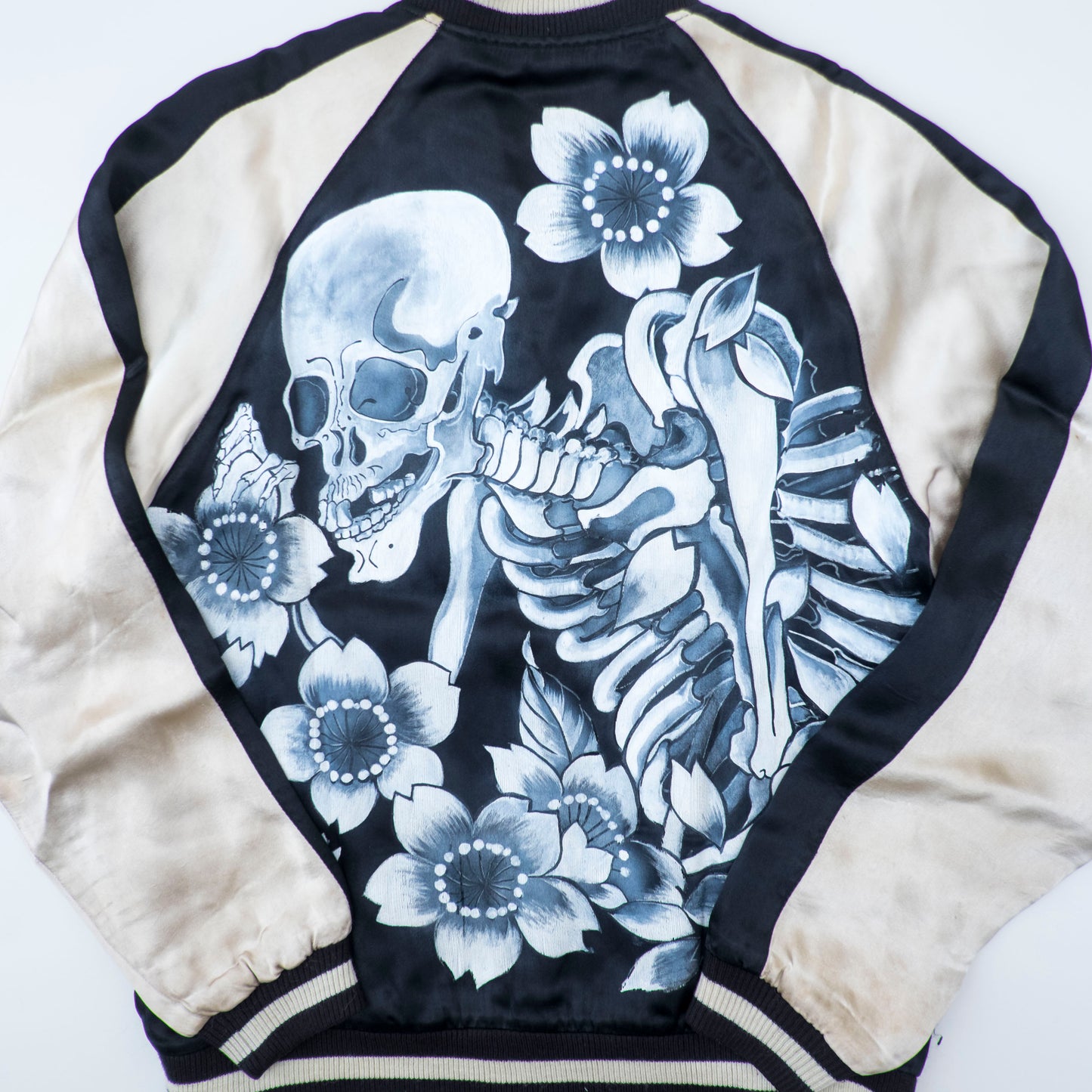 Rare Hand-Painted Skeleton Sukajan Jacket L Japanese Skull Floral Art Vintage Yokosuka Souvenir Bomber