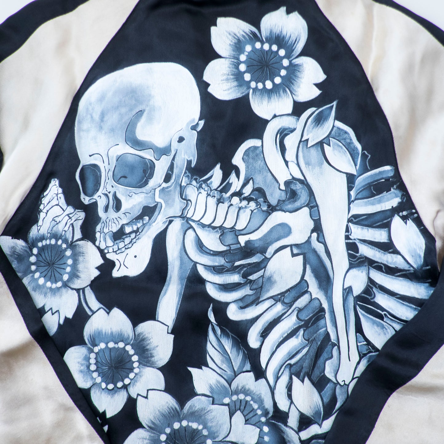 Rare Hand-Painted Skeleton Sukajan Jacket L Japanese Skull Floral Art Vintage Yokosuka Souvenir Bomber