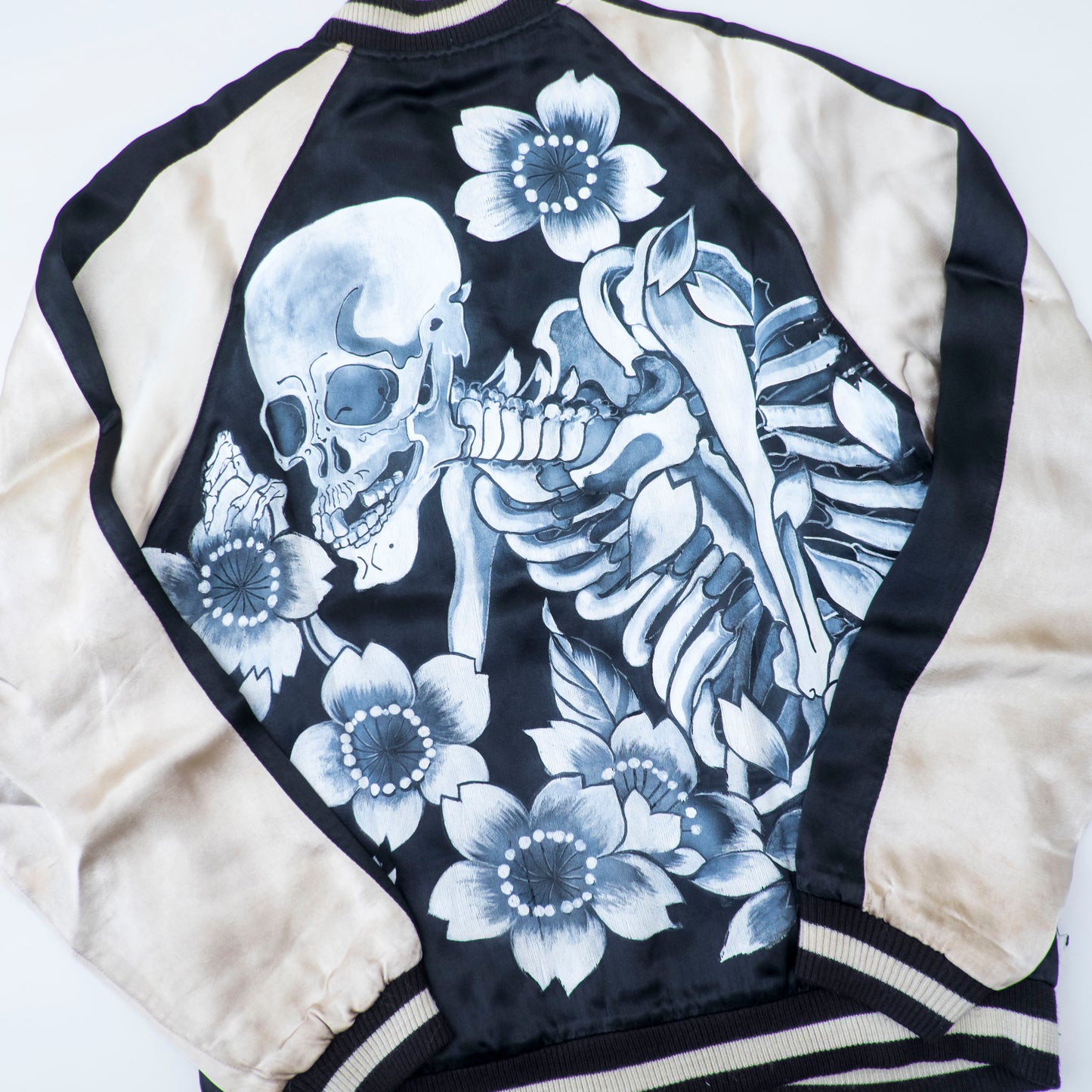 Rare Hand-Painted Skeleton Sukajan Jacket L Japanese Skull Floral Art Vintage Yokosuka Souvenir Bomber