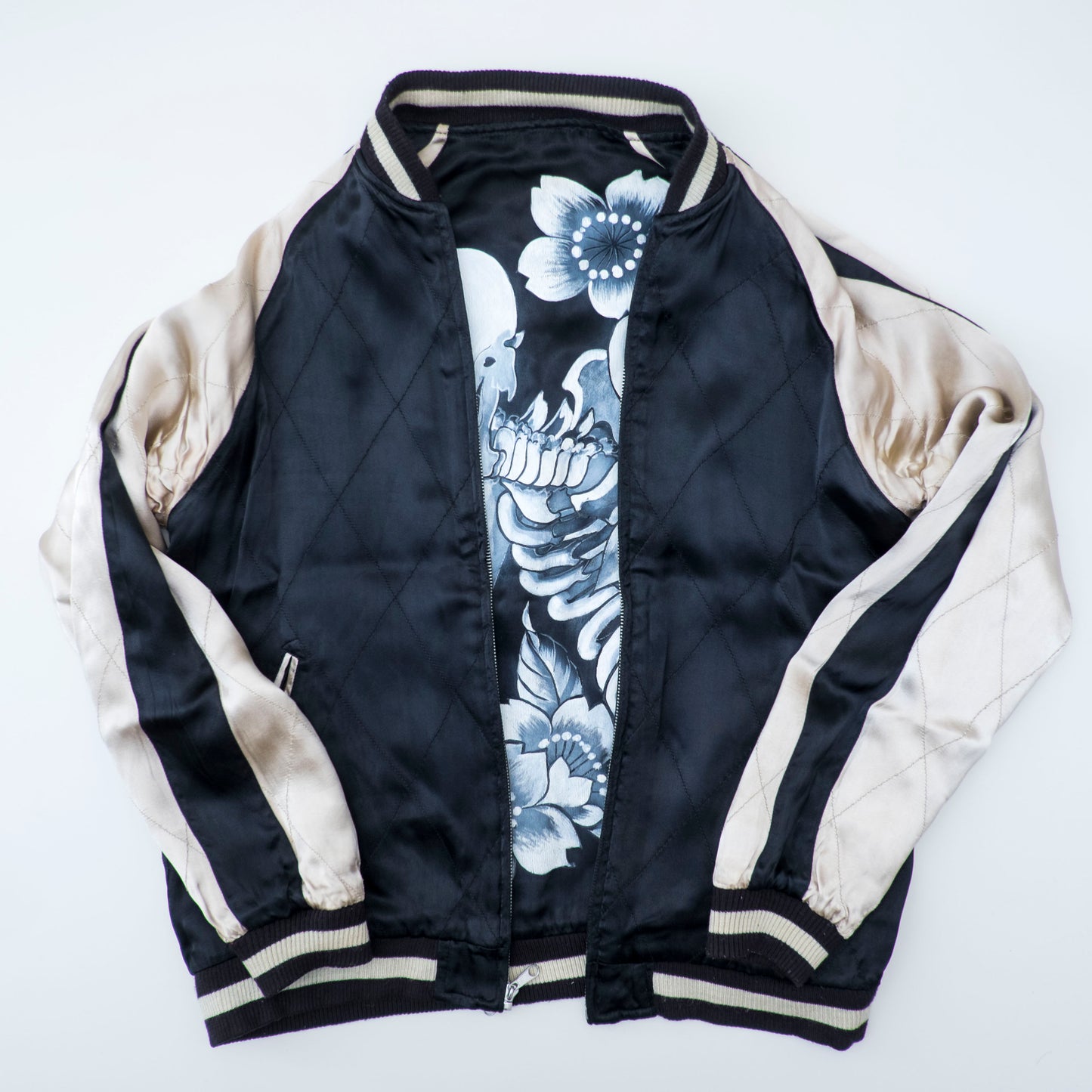 Rare Hand-Painted Skeleton Sukajan Jacket L Japanese Skull Floral Art Vintage Yokosuka Souvenir Bomber