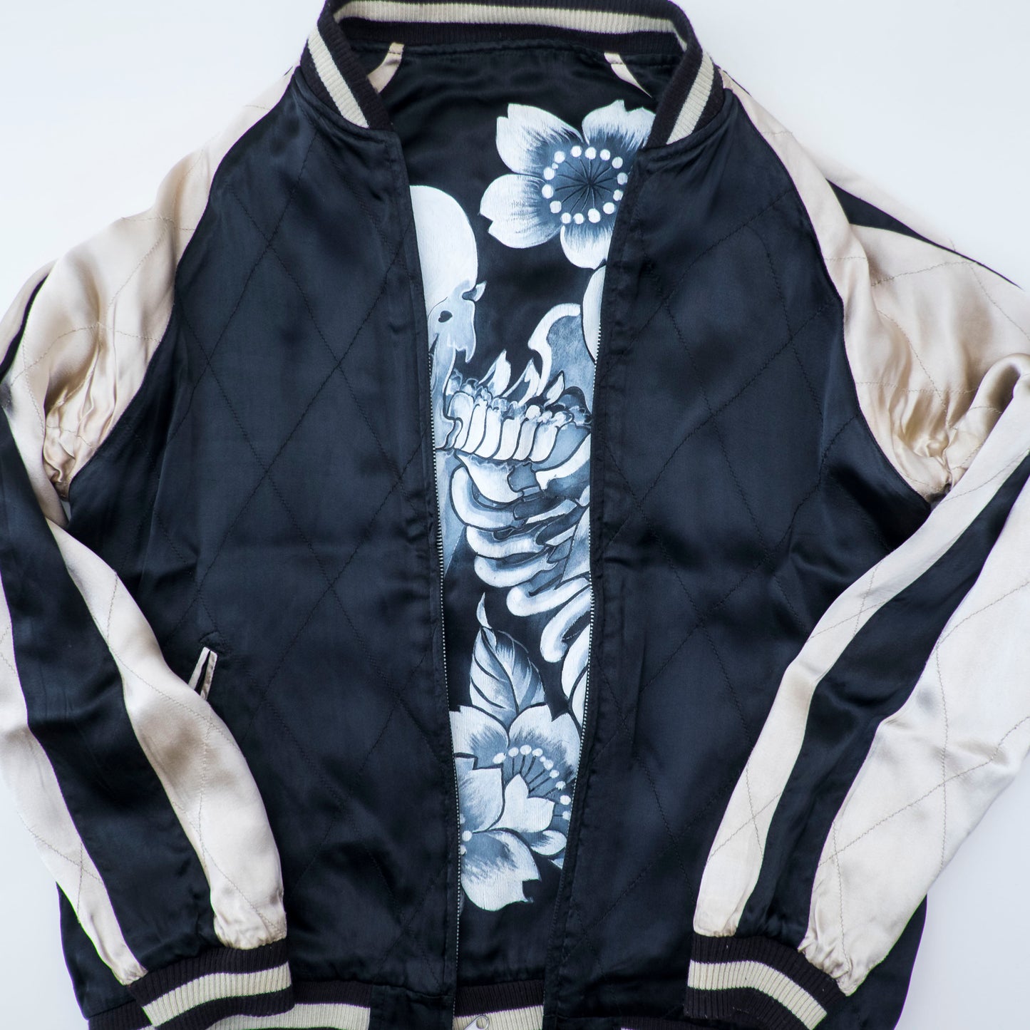 Rare Hand-Painted Skeleton Sukajan Jacket L Japanese Skull Floral Art Vintage Yokosuka Souvenir Bomber