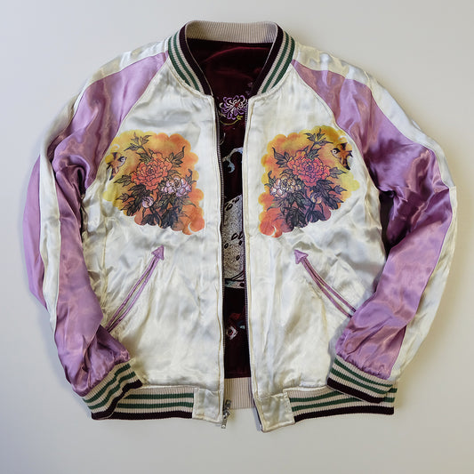 CHIKIRIYA Reversible Sukajan Jacket Burgundy Velvet Whale Peacock Japanese Y2K Souvenir Bomber Free Size M-L
