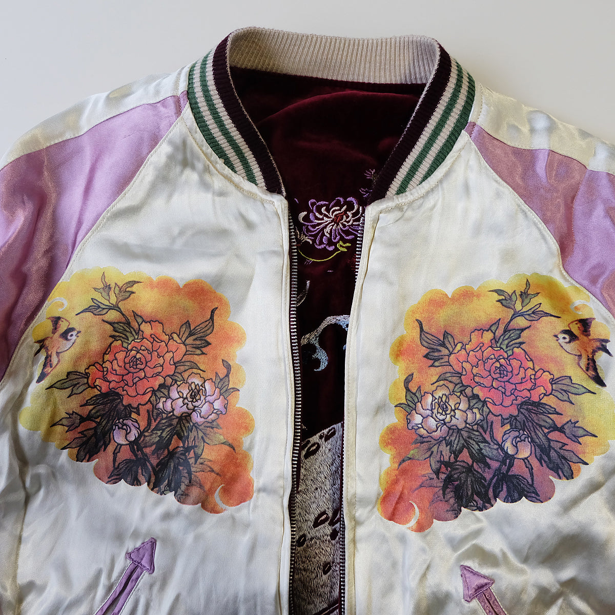 CHIKIRIYA Reversible Sukajan Jacket Burgundy Velvet Whale Peacock Japanese Y2K Souvenir Bomber Free Size M-L