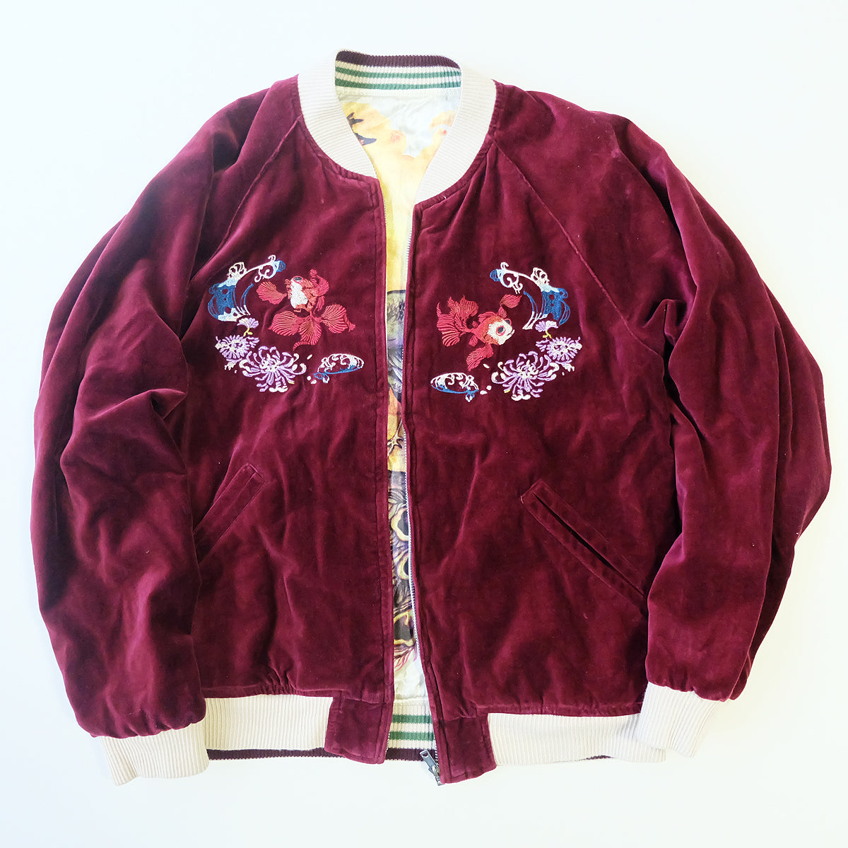 CHIKIRIYA Reversible Sukajan Jacket Burgundy Velvet Whale Peacock Japanese Y2K Souvenir Bomber Free Size M-L