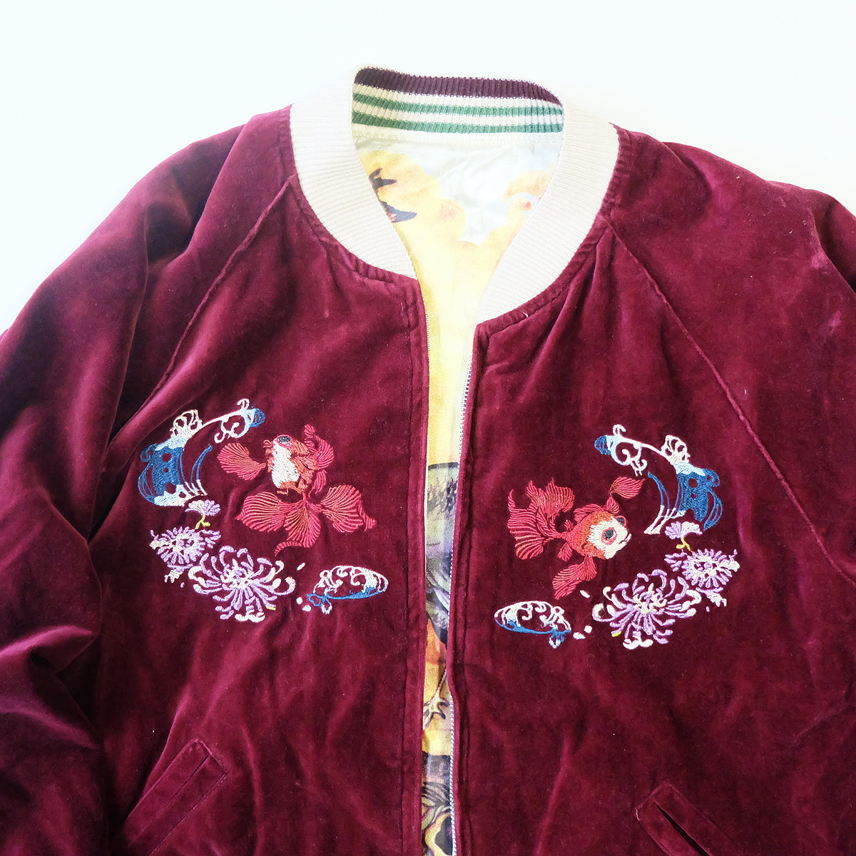 CHIKIRIYA Reversible Sukajan Jacket Burgundy Velvet Whale Peacock Japanese Y2K Souvenir Bomber Free Size M-L