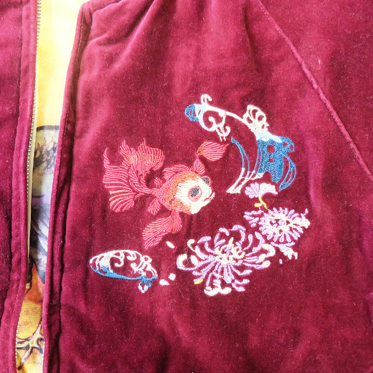CHIKIRIYA Reversible Sukajan Jacket Burgundy Velvet Whale Peacock Japanese Y2K Souvenir Bomber Free Size M-L