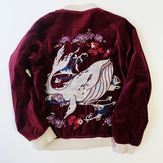CHIKIRIYA Reversible Sukajan Jacket Burgundy Velvet Whale Peacock Japanese Y2K Souvenir Bomber Free Size M-L