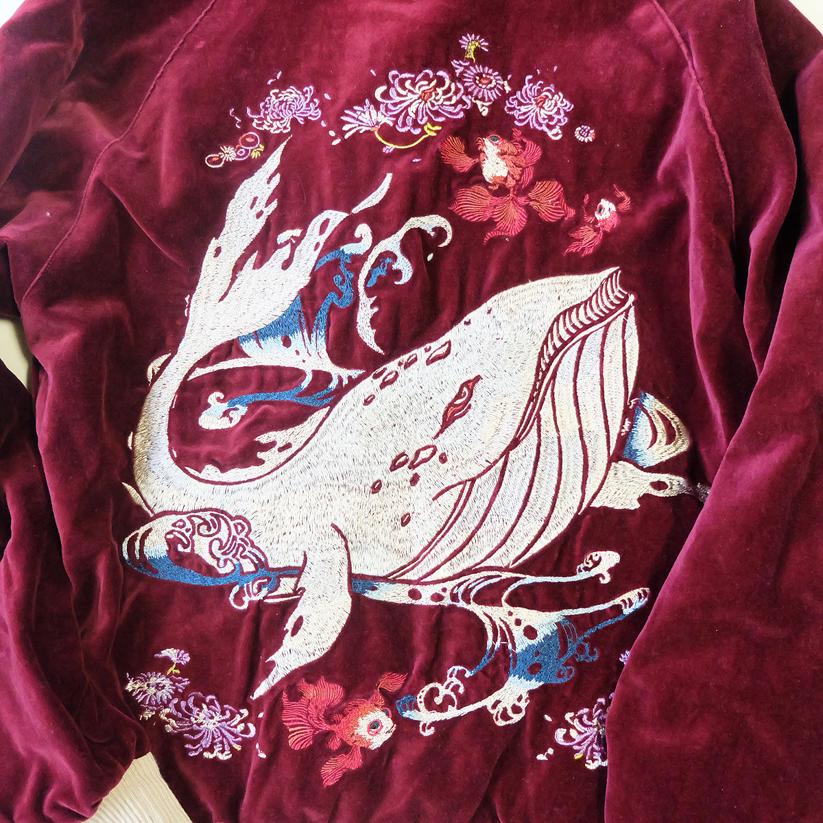 CHIKIRIYA Reversible Sukajan Jacket Burgundy Velvet Whale Peacock Japanese Y2K Souvenir Bomber Free Size M-L