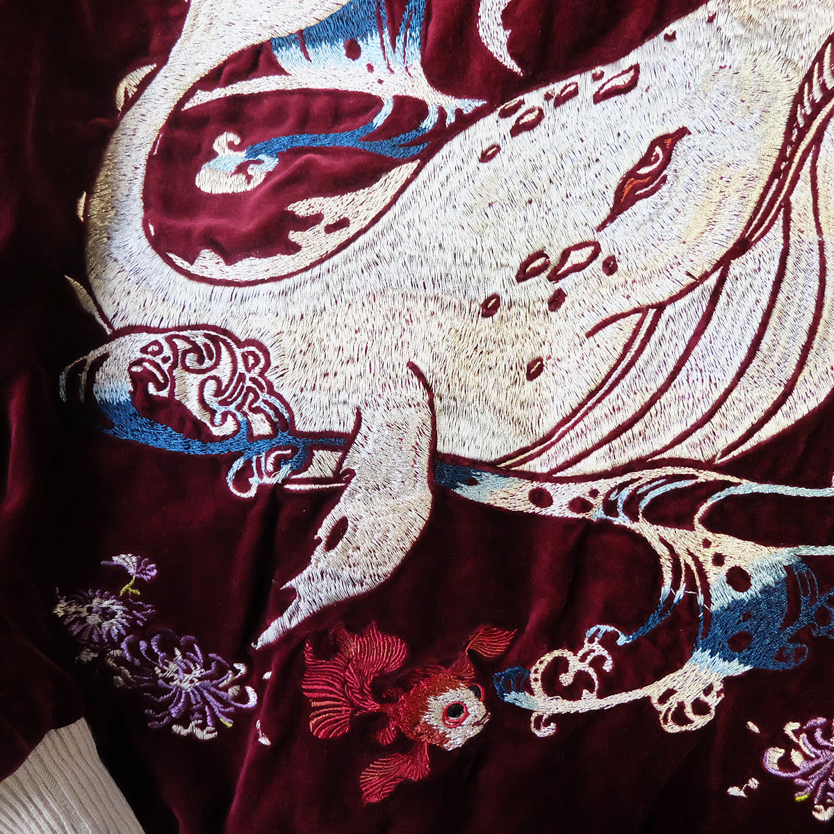 CHIKIRIYA Reversible Sukajan Jacket Burgundy Velvet Whale Peacock Japanese Y2K Souvenir Bomber Free Size M-L